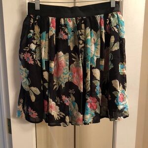 Black Floral A-Line Skirt with Teal and Pink Accents